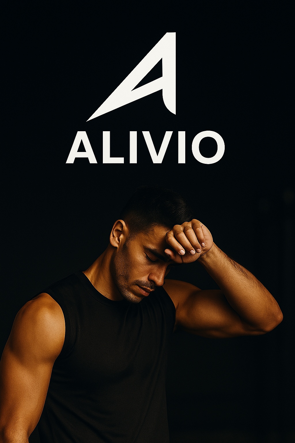 Man in black tank top with ALIVIO logo on a dark background